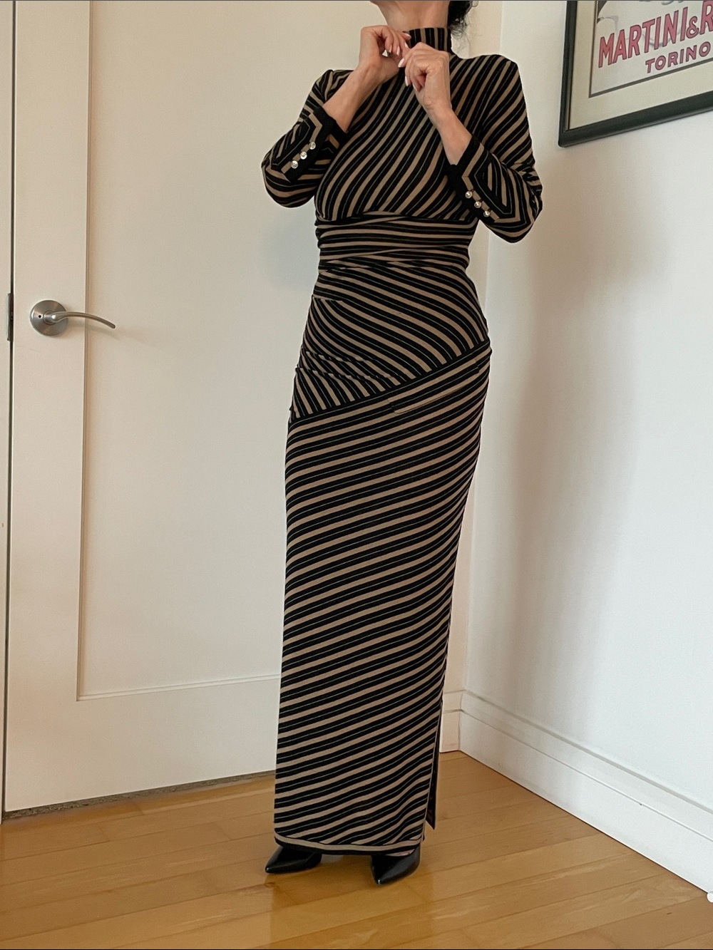 Gianfranco Ferré Authentic Black and Tan Striped Long Sleeve Maxi Dress Vintage